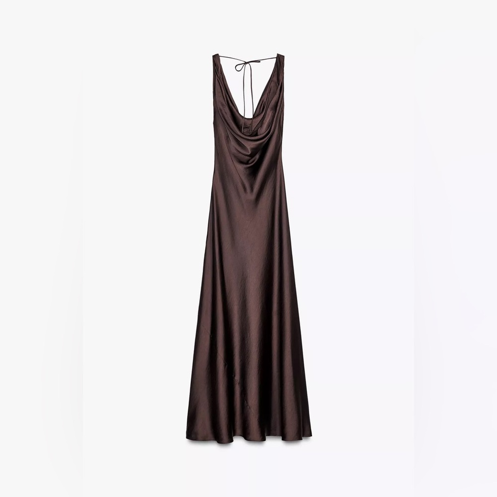 NEW Zara zw collection Elegant Brown Sleeveless maxi stin effect evening dress - Picture 6 of 9